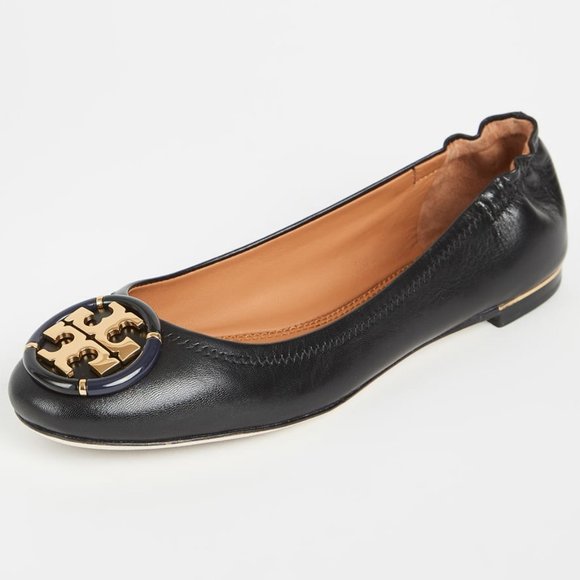 Tory Burch Enamel Logo Leather Ballet Flats Perfect Black Gold Heel Details - Picture 11 of 15